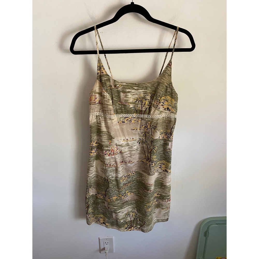 Vintage No Boundaries Tropical Scene Mini Dress Cotton Green Flax Junior Med 7/9 - Picture 1 of 6
